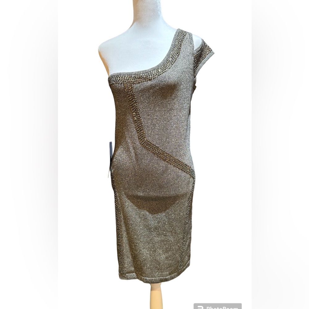 NWT Bebe One Shoulder Metallic Gold Cocktail Boutique Dress Size Large - Picture 3 of 11